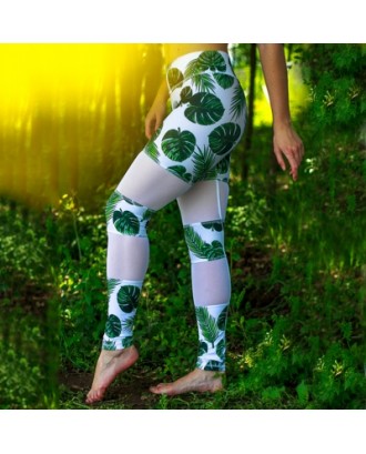 Women\'s green leaf mesh stitching digital printing buttock stretch high waist leggings